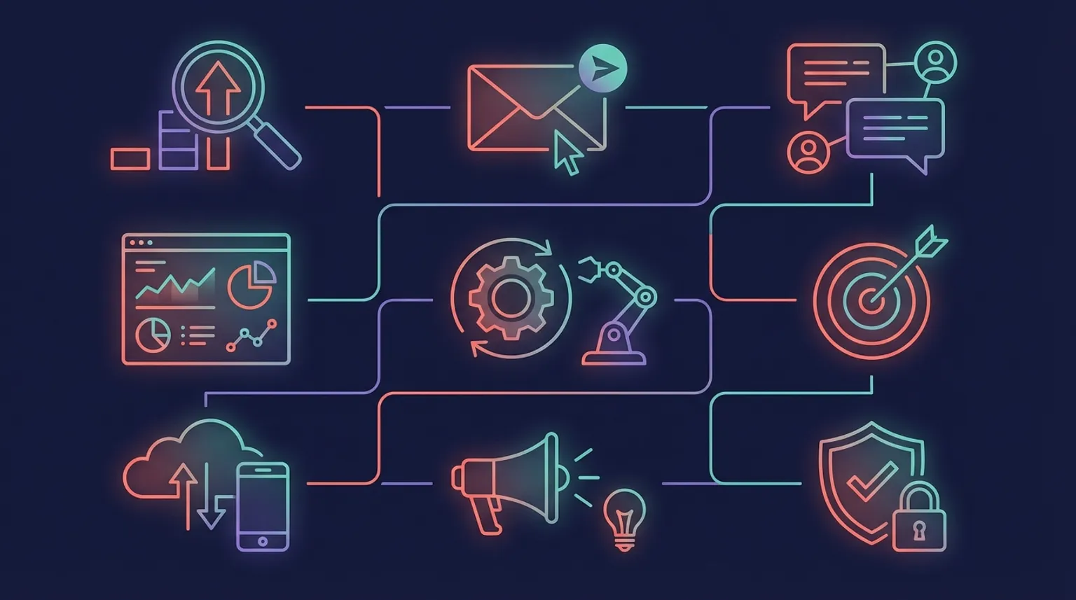 Digital marketing toolkit with icons for SEO, email, social media, analytics, and automation tools