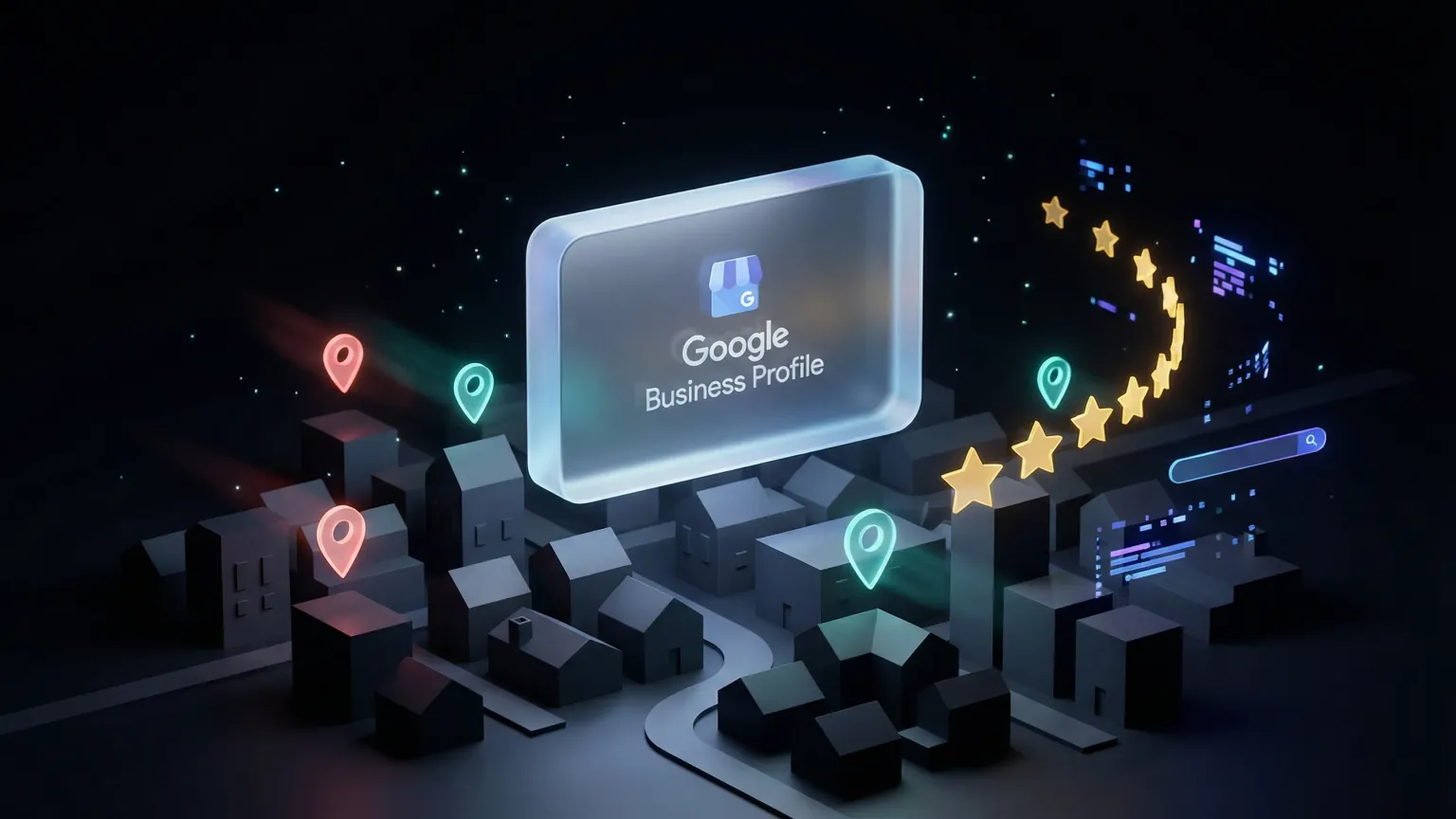 Visualization of a Google Business Profile floating above a neighborhood with map pins and star ratings, representing local search visibility for home service companies