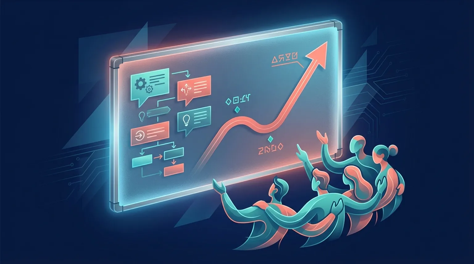 Sales coaching whiteboard session with upward trending metrics and team strategy planning