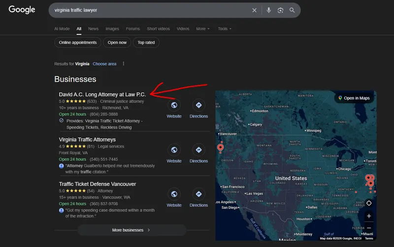 David A.C. Long #1 in Google Map Pack for virginia traffic lawyer