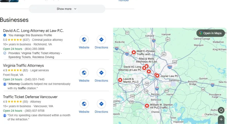 David A.C. Long Google Business Profile map pack listing showing #1 position