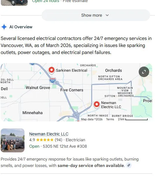 Newman Electric featured in Google AI Overview for emergency electrician vancouver wa