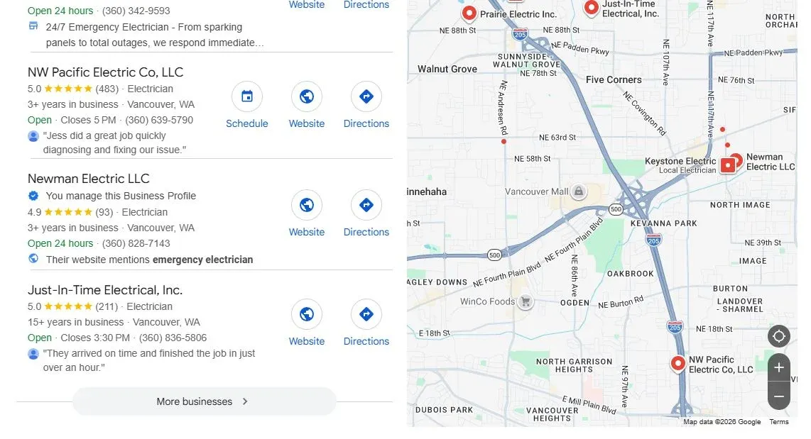 Newman Electric Google Business Profile listing showing complete business information, photos, and reviews