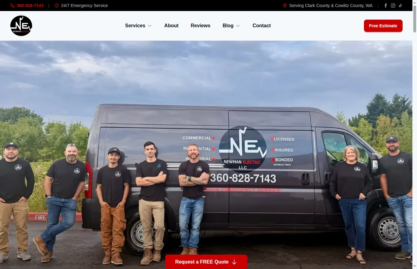 Newman Electric homepage built by Savo Group, electrician website in Vancouver WA