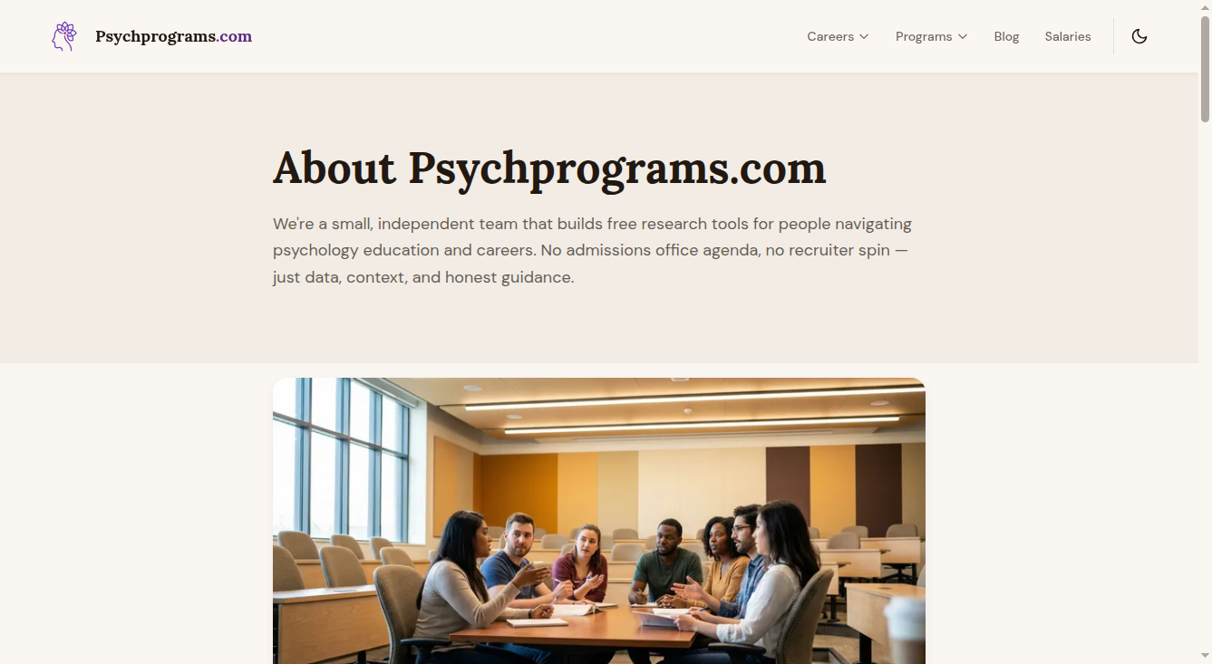 PsychPrograms.com about page showing editorial process