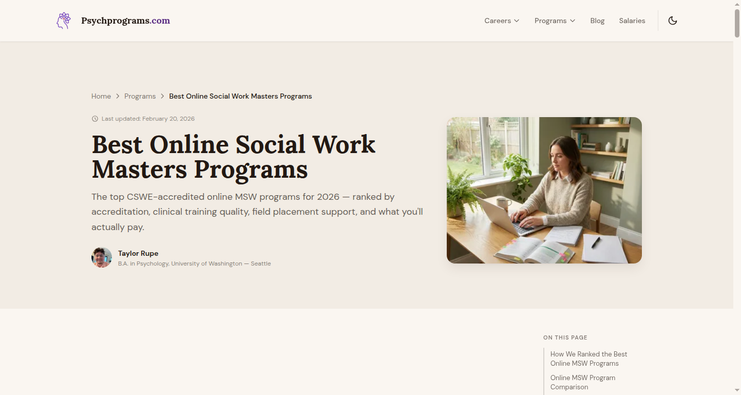 Best Online MSW Programs ranking page with author, methodology reference, and table of contents