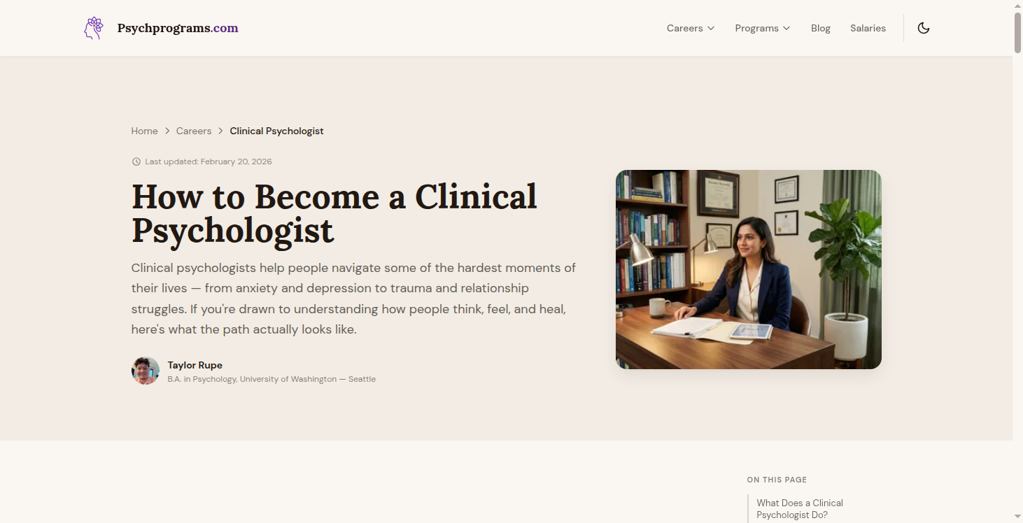 Clinical Psychologist career guide showing author byline, last updated date, and table of contents