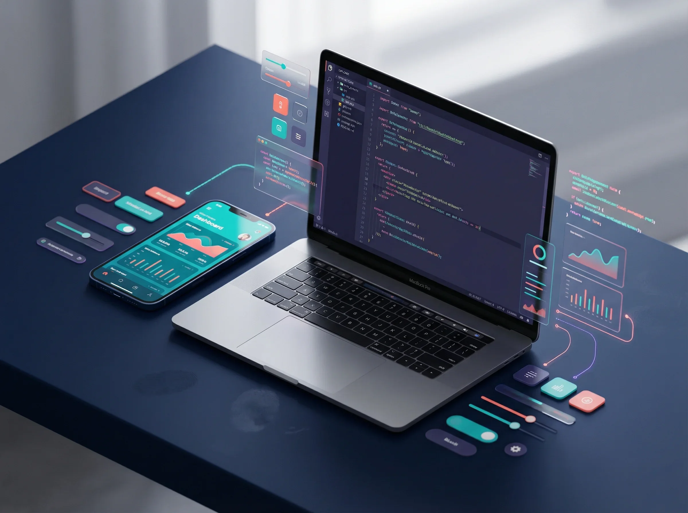 Custom software development with modern code editor and programming interface